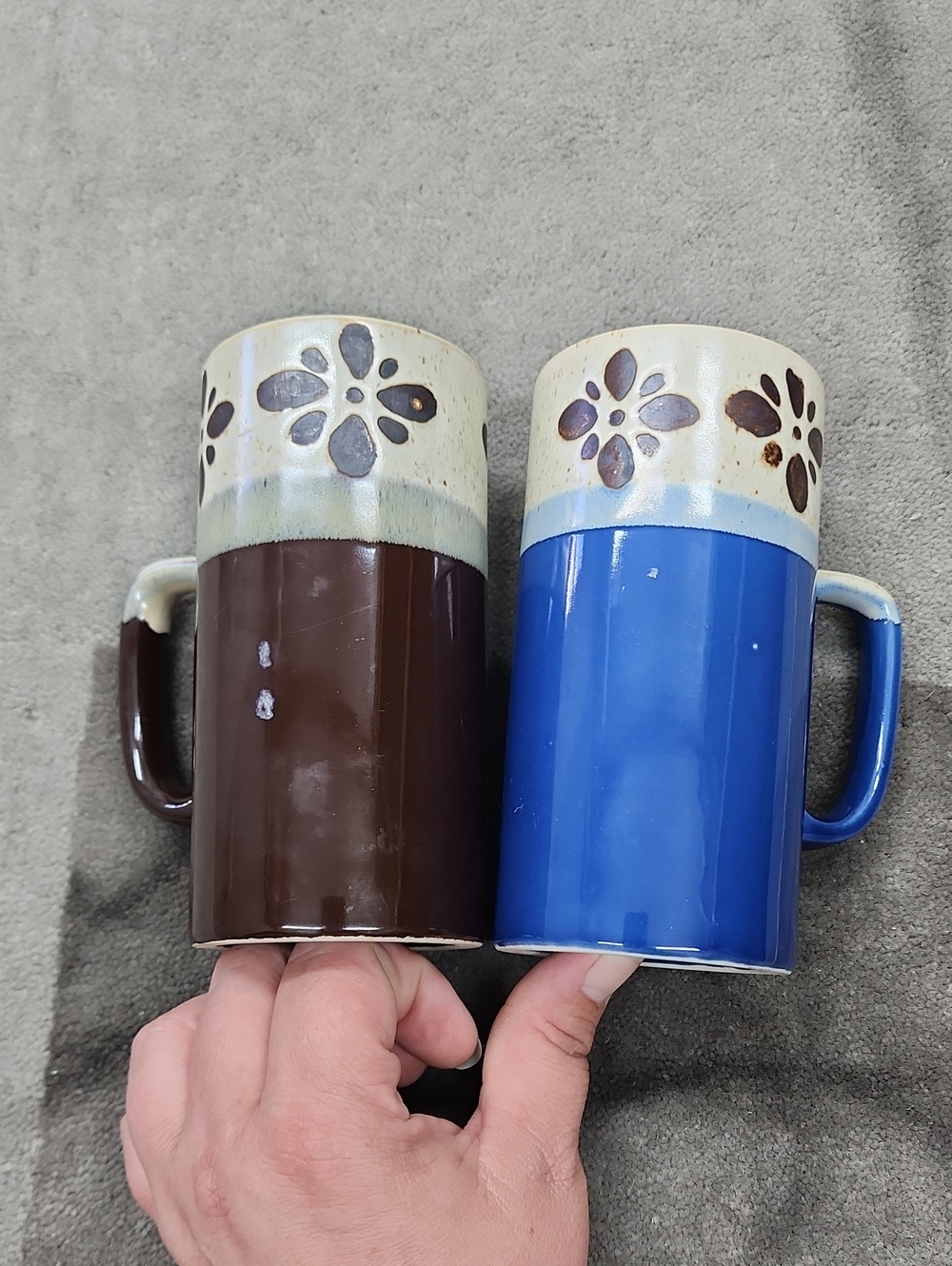 Ceramic Floral Accent Mugs - Blue and Brown